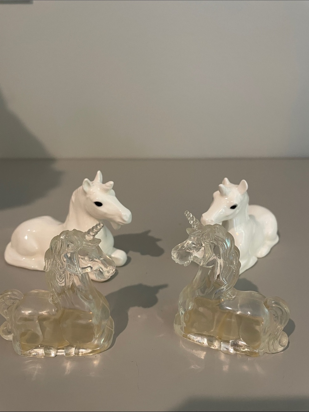 Vintage Set of 4 Unicorn Salt and Pepper Shakers - White & Lucite Clear